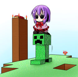 Rule 34 | 1girl, bed, bow, capelet, creeper, crossover, fire, gradient background, ichimi, minecraft, nagae iku, o o, outdoors, pink capelet, purple hair, short hair, simple background, skeleton, skeleton (minecraft), sweat, torch, touhou, wavy mouth