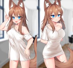 Rule 34 | 1girl, :3, absurdres, animal ears, arms behind back, baggy clothes, blush, breasts, brown hair, cleavage, collarbone, commentary request, covered erect nipples, highres, index finger raised, large breasts, long hair, meme, multiple views, naked shirt, neko lu (wofud453), no bra, off-shoulder shirt, off shoulder, original, oversized clothes, pajamas challenge, pulled by self, shirt, t-shirt, tail, taut clothes, taut shirt