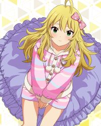 Rule 34 | 1girl, ahoge, blonde hair, bow, card (medium), fur trim, green eyes, hair bow, hoshii miki, idolmaster, idolmaster million live!, idolmaster million live! theater days, official art, pajamas, pillow, pink pajamas, smile, solo, striped clothes