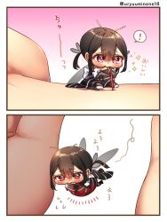 Rule 34 | !, 1girl, 1other, 2koma, arthropod girl, big belly, black dress, black hair, blood, blush, bug, chibi, comic, commentary request, dress, drinking blood, drinking straw, flying sweatdrops, harumina mau, highres, insect, mini person, minigirl, mosquito, mosquito girl, notice lines, original, personification, pink eyes, size difference, sparkle, speech bubble, spoken exclamation mark, translation request, twintails, twitter username, wings