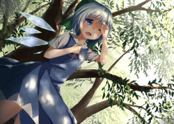 Rule 34 | 1girl, blue dress, blue eyes, blue hair, cirno, dappled sunlight, day, dress, dutch angle, hand on own chest, hand to forehead, hot, matching hair/eyes, one eye closed, open mouth, pokio, ribbon, shading eyes, short hair, solo, sunlight, touhou, tree, wings
