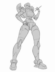 Rule 34 | 1girl, arcee, armor, backpack, bag, hand on own hip, highres, holding, holding pencil, humanoid robot, monochrome, mrgoogone, narrow waist, panties, pencil, robot, robot girl, solo, transformers, underwear, unfinished