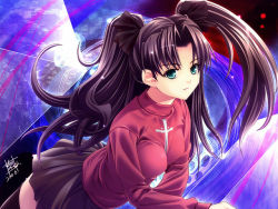 Rule 34 | 00s, 1girl, aqua eyes, black hair, bow, fate/stay night, fate (series), female focus, hair bow, hair ribbon, long hair, ribbon, skirt, solo, tohsaka rin, turtleneck, twintails, two side up