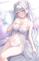Rule 34 | 1girl, absurdres, babydoll, bare shoulders, bed sheet, blue eyes, blunt bangs, blush, breasts, cleavage, closed mouth, collarbone, cushion, frills, groin, hair ribbon, hand on own chest, highres, knee up, lingerie, long hair, lying, medium breasts, naga (pixiv70891418), navel, on back, original, panties, pillow, ribbon, see-through, spaghetti strap, stomach, thighs, two side up, underwear, underwear only, white babydoll, white hair, white panties, white ribbon