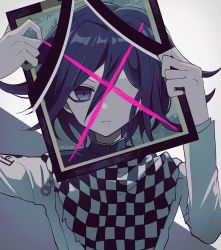 Rule 34 | 1boy, checkered clothes, checkered scarf, closed mouth, danganronpa (series), danganronpa v3: killing harmony, flipped hair, frown, grey background, grey jacket, hair between eyes, hands up, holding, holding frame, iei, jacket, long sleeves, looking at viewer, male focus, mikao (eanv5385), oma kokichi, purple eyes, scarf, solo, white background