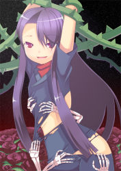 Rule 34 | 1girl, arms up, asymmetrical bangs, bad id, bad pixiv id, beatrice (wild arms), beatrice (wild arms 3), black flower, black rose, breasts, breasts squeezed together, flower, johnny funamushi, long hair, plant, purple eyes, purple flower, purple hair, purple rose, rose, sidelocks, skeleton, small breasts, smile, solo, thorns, torn clothes, vines, wild arms, wild arms 3