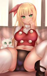 Rule 34 | 1boy, 1girl, black footwear, blonde hair, bow, breasts, cat, closed mouth, ellen (touhou), gluteal fold, green eyes, hair bow, highres, large breasts, long hair, mary janes, midriff, navel, puffy short sleeves, puffy sleeves, red bow, red vest, shirt, shoes, short sleeves, shounen (hogehoge), sitting, sokrates (touhou), stomach, thighhighs, touhou, touhou (pc-98), vest, white shirt, white thighhighs