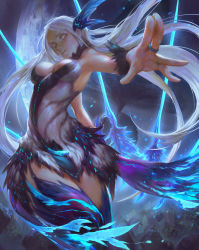 Rule 34 | 10s, 1girl, blade &amp; soul, blue eyes, blue thighhighs, breasts, closed mouth, dress, floating hair, floating object, floating sword, floating weapon, from below, garter straps, hangleing, head wings, jewelry, light particles, long hair, looking at viewer, multiple swords, outstretched arms, palms, planet, ring, shards, sleeveless, solo, sword, thighhighs, tree, very long hair, weapon, white hair, wings