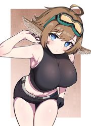 Rule 34 | 1girl, absurdres, aciddrop (arknights), ahoge, arknights, bandaid, bandaid on face, bare shoulders, bent over, black gloves, black shirt, black shorts, blue eyes, border, breasts, brown hair, closed mouth, commentary, cowboy shot, crop top, english commentary, gloves, goggles, goggles on head, highres, large breasts, looking at viewer, midriff, myown, navel, outside border, shirt, shorts, single glove, sleeveless, sleeveless shirt, solo, taut clothes, white border