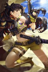 Rule 34 | 1girl, belt, black bow, black hair, blue sky, boots, bow, breasts, cropped vest, desert, earrings, fate/grand order, fate (series), fingerless gloves, fringe trim, gloves, goomrrat, grin, gun, hair bow, highres, hoop earrings, ishtar (fate), jewelry, katana, knee boots, long hair, medium breasts, multicolored hair, one eye closed, parted bangs, red eyes, red hair, shorts, sky, smile, solo, space ishtar (fate), space ishtar (second ascension) (fate), sunlight, sword, two-tone hair, two side up, vest, weapon, yellow footwear, yellow gloves, yellow shorts, yellow vest