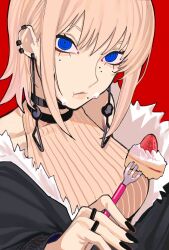 Rule 34 | 1girl, black choker, black nails, blue eyes, breasts, brown hair, cake, cake slice, chainsaw man, chewing, choker, earrings, fami (chainsaw man), food, food on face, fork, fur-trimmed jacket, fur trim, highres, holding, holding fork, jacket, jewelry, large breasts, looking at viewer, mole, mole under eye, mole under mouth, multiple moles, red background, ring, ringed eyes, sailen0, short hair, simple background, solo, strawberry cake, tassel, tassel earrings