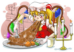 Rule 34 | 1girl, candle, candlestand, chair, cup, eating, flandre scarlet, food, fork, gloves, h.dupp (nama aakiruu), hat, potato, side ponytail, solo, steak, touhou, wings