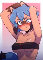 Rule 34 | 1girl, animal ears, arms up, black hair, blue hair, blush, border, brand new animal, breasts, bright pupils, female focus, furry, furry female, highres, kagemori michiru, medium breasts, multicolored hair, outside border, purple eyes, raccoon ears, raccoon tail, smile, solo, strapless, tail, tanquito kun, tube top, upper body, white border, white pupils