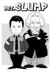 Rule 34 | 2boys, beard, belt, character request, chibi, closed mouth, connor (detroit), crossed arms, detroit: become human, dr. slump, facial hair, frown, greyscale, hank anderson, highres, jacket, kotatsu (g-rough), looking at viewer, monochrome, multiple boys, necktie, pants, parody, parted bangs, shoes, standing, title parody, uniform