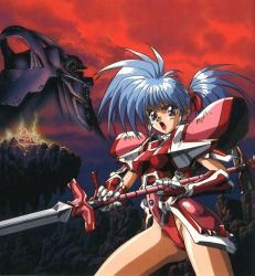 Rule 34 | 1990s (style), 1girl, armor, blue eyes, blue hair, corque lans, faussete amour, greaves, holding, holding weapon, lance, makino ryuuichi, non-web source, official art, open mouth, pink armor, polearm, ponytail, retro artstyle, ryuichi makino, weapon