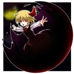 Rule 34 | 1girl, bad id, bad pixiv id, black dress, blonde hair, darkness, dress, eyebrows, eyes visible through hair, hair ribbon, kikoka (mizuumi), long sleeves, looking at viewer, moon, necktie, night, open mouth, outstretched arms, red eyes, red necktie, ribbon, rumia, shirt, short hair, smile, solo, spread arms, touhou, white shirt