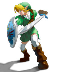 Rule 34 | 1boy, bad id, bad pixiv id, blonde hair, blue eyes, earrings, gloves, hat, holding, holding sword, holding weapon, hylian shield, jewelry, link, male focus, mumilove, nintendo, pointy ears, shield, simple background, solo, sword, the legend of zelda, the legend of zelda: ocarina of time, weapon