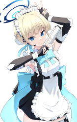 Rule 34 | 1girl, absurdres, apron, belt, black gloves, blue archive, blue bow, blue eyes, bow, braid, bun cover, commentary request, cpk prd, double v, elbow gloves, fingerless gloves, frilled apron, frills, gloves, hair bun, halo, headset, highres, holster, light brown hair, long hair, looking at viewer, maid, maid apron, maid headdress, multicolored hair, shoulder strap, sidelocks, simple background, single braid, single hair bun, sleeveless, solo, streaked hair, thigh belt, thigh holster, thigh strap, toki (blue archive), two-tone hair, v, white apron, white background