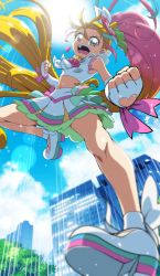 Rule 34 | 1girl, blonde hair, cure summer, earrings, elbow gloves, fingerless gloves, flower, gloves, green eyes, hair flower, hair ornament, highres, jewelry, long hair, looking at viewer, magical girl, midriff, multicolored hair, open mouth, pink hair, precure, side ponytail, skirt, solo, sun, tj-type1, tropical-rouge! precure, very long hair, white gloves
