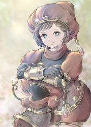 Rule 34 | 1girl, artist name, automaton, adventurer (ff11), black gloves, blue eyes, brown hair, cowboy shot, earrings, elbow gloves, final fantasy, final fantasy xi, glint, gloves, hat, highres, hume, jewelry, legs together, looking at viewer, piyoco, puffy short sleeves, puffy sleeves, puppetmaster (final fantasy), red headwear, short hair, short sleeves, smile, sparkle