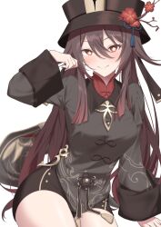 Rule 34 | 1girl, arm support, black hat, black shorts, breasts, brown coat, brown hair, coat, colored tips, commentary request, flower, flower-shaped pupils, genshin impact, gradient hair, hair between eyes, hair flaps, hand up, hat, hat branch, hat flower, hat tassel, highres, hu tao (genshin impact), kikata (hata nanokana), long hair, long sleeves, looking at viewer, mandarin collar, medium breasts, multicolored hair, parted lips, plum blossoms, porkpie hat, red eyes, red shirt, shirt, short shorts, shorts, sidelocks, simple background, sitting, smile, solo, symbol-shaped pupils, thighs, twintails, very long hair, white background