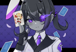 Rule 34 | 1girl, black gloves, black hair, blush, card, collared shirt, dark-skinned female, dark skin, earclip, flower, flower over eye, gloves, hair between eyes, hand up, headgear, highres, holding, holding card, letterboxed, long hair, long sleeves, looking at viewer, mi-a (tower of fantasy), necktie, outside border, partially fingerless gloves, playing card, portrait, purple background, purple eyes, purple necktie, reikyou, shirt, simple background, smile, solo, tower of fantasy, twintails, umi (tower of fantasy), white shirt
