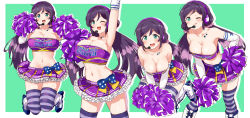 Rule 34 | 1girl, ;d, alternate costume, arm up, armpits, bare shoulders, blue bow, boots, bow, breasts, cheerleader, cleavage, elbow gloves, gloves, green background, green eyes, highres, jumping, kurokawa makoto, large breasts, leaning forward, long hair, looking at viewer, love live!, love live! school idol project, low twintails, microphone, miniskirt, multiple views, one eye closed, open mouth, pom pom (cheerleading), purple hair, purple skirt, purple thighhighs, scrunchie, simple background, skirt, smile, strapless, striped clothes, striped thighhighs, swept bangs, thighhighs, tojo nozomi, tube top, twintails, white footwear, white gloves
