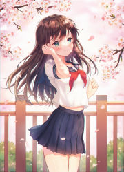 Rule 34 | 1girl, bad id, bad pixiv id, blue sailor collar, blue skirt, blurry, blurry background, blush, branch, breasts, brown hair, cherry blossoms, closed mouth, commentary request, cowboy shot, day, depth of field, fence, fingernails, flower, foreign blue, green eyes, hand up, highres, long hair, looking at viewer, neckerchief, original, outdoors, petals, pleated skirt, red neckerchief, sailor collar, school uniform, serafuku, shirt, short sleeves, skirt, small breasts, smile, solo, standing, very long hair, white flower, white shirt