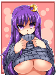 Rule 34 | 1girl, :&lt;, alternate costume, areola slip, breasts, clothes lift, crescent, crescent hair ornament, female focus, hair ornament, highres, large breasts, long hair, looking at viewer, no bra, patchouli knowledge, purple eyes, purple hair, ribbed sweater, shirt lift, simple background, solo, sweat, sweater, tajima yuuki, touhou, underboob, upper body