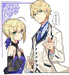 Rule 34 | 1boy, 1girl, ahoge, arthur pendragon (fate), arthur pendragon (white rose) (fate), artoria pendragon (all), artoria pendragon (fate), bad id, bad twitter id, blonde hair, blue dress, braid, breasts, champagne flute, cleavage, cup, dress, drinking glass, english text, fate/grand order, fate/prototype, fate/stay night, fate (series), formal, french braid, green eyes, looking at viewer, necktie, official alternate costume, saber (fate), saber (lapis lazuli dress) (fate), see-through, see-through cleavage, simple background, suit, teshima nari, upper body, white background, white suit