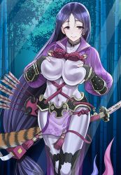 Rule 34 | 1girl, absurdres, arm guards, armor, black gloves, blush, bodysuit, breast lift, breasts, commentary request, covered navel, cowboy shot, deep skin, fate/grand order, fate (series), fingerless gloves, gloves, highres, japanese armor, katana, kote, large breasts, long hair, looking at viewer, low-tied long hair, minamoto no raikou (fate), night, parted bangs, purple bodysuit, purple eyes, purple hair, quiver, ribbed sleeves, rope, smile, solo, suneate, sword, very long hair, weapon, youshuu