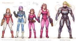 Rule 34 | 5girls, alternate costume, arm cannon, arne (android arts), blonde hair, blue bodysuit, bodysuit, breasts, brown hair, commentary, english commentary, hand cannon, height chart, holding hands, justin bailey, long hair, medium breasts, medium hair, metroid, multicolored bodysuit, multicolored clothes, multiple girls, multiple persona, muscular, muscular female, nintendo, pink bodysuit, ponytail, purple hair, red bodysuit, samus aran, science fiction, shoulder tattoo, sleeveless, tattoo, varia suit, weapon, zero suit