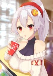 Rule 34 | 1girl, alternate costume, bare shoulders, blush, breasts, cup, day, disposable cup, drinking, fate/grand order, fate (series), highres, holding, holding cup, indoors, long hair, looking at viewer, medium breasts, minami osu, open mouth, ponytail, red eyes, scrunchie, silver hair, sitting, sitting on table, solo, sweater, tomoe gozen (fate)