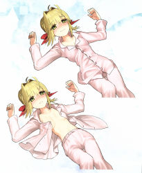 Rule 34 | 1girl, ahoge, blonde hair, blush, breasts, buttons, embarrassed, fate/extra, fate/extra ccc, fate (series), green eyes, hair ribbon, half-closed eyes, highres, leaning back, nero claudius (fate), nero claudius (fate) (all), nero claudius (fate/extra), no bra, official art, open clothes, open pajamas, open shirt, pajamas, parted lips, ribbon, scan, smile, solo, topless, unbuttoned, wada arco
