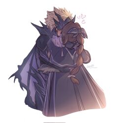 1boy 1girl aerith_gainsborough aerith_gainsborough_(bahamut_robe) armor artist_name black_armor black_capelet black_mask black_ribbon blonde_hair braid braided_ponytail brown_hair capelet clawed_gauntlets cloud_strife cloud_strife_(bahamut_garb) couple dragon_wings eye_mask final_fantasy final_fantasy_vii final_fantasy_vii_ever_crisis hair_ribbon hand_in_another&#039;s_hair hand_on_another&#039;s_cheek hand_on_another&#039;s_face hetero highres hug kiss long_hair nimuello official_alternate_costume ribbon short_hair shoulder_armor single_braid single_wing spiked_hair twitter_username upper_body white_background wings