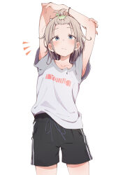 Rule 34 | 1girl, alternate costume, alternate hairstyle, arms up, bangs pinned back, black shorts, blue eyes, blush, bracelet, closed mouth, collarbone, commentary request, cowboy shot, dinosaur hair ornament, drawstring, eitopondo, grey shirt, highres, idolmaster, idolmaster shiny colors, jewelry, light brown hair, looking at viewer, medium hair, print shirt, serizawa asahi, shirt, short sleeves, shorts, simple background, solo, standing, stretching, t-shirt, white background