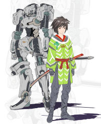 Rule 34 | 1boy, arms at sides, brown eyes, brown hair, clenched hand, flat color, gloves, grey footwear, grey gloves, katana, looking at viewer, male focus, mecha, non (6nezuuyamar9), original, robot, shadow, sheath, sheathed, simple background, standing, sword, weapon, wide sleeves, zoom layer