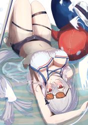 Rule 34 | 1girl, absurdres, arknights, arm under breasts, bare shoulders, black-framed eyewear, black choker, black shorts, blush, breasts, cafenami, choker, cleavage, crop top, eyewear on head, grey hair, halterneck, highres, knees up, large breasts, leg strap, legs together, long hair, looking at viewer, low-tied long hair, lying, midriff, navel, official alternate costume, on back, partially submerged, red eyes, shirt, short shorts, shorts, skadi (arknights), skadi (waverider) (arknights), solo, stomach, stuffed orca, sunglasses, thigh strap, thighs, very long hair, water, white headwear, white shirt