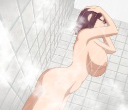 Rule 34 | 1girl, 774 (nanashi), arms up, ass, bath, bathing, bathroom, blush, breasts, brown hair, completely nude, closed eyes, groin, highres, ijiranaide nagatoro-san, large breasts, makux2767, naked towel, navel, nipples, nude, nude filter, shikki (ijiranaide nagatoro-san), short hair, sideboob, steam, stomach, thighs, third-party edit, towel, underboob, wet