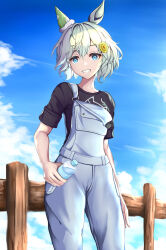 Rule 34 | 1girl, against fence, animal ears, black shirt, blue overalls, blue sky, bottle, commentary request, cowboy shot, ear covers, fence, grey hair, grin, hair between eyes, hair ornament, hairclip, highres, holding, holding bottle, horse ears, horse girl, looking at viewer, official alternate costume, outdoors, overalls, peperoncino-sama, seiun sky (umamusume), shirt, short hair, short sleeves, single ear cover, sky, smile, solo, umamusume, water bottle, wooden fence