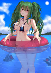 Rule 34 | 1girl, bare arms, bare legs, bare shoulders, bikini, blue bikini, blush, breasts, cleavage, collarbone, dinergate (girls&#039; frontline), girls&#039; frontline, green hair, highres, in water, innertube, long hair, looking at viewer, m950a (girls&#039; frontline), nail polish, navel, outdoors, parted lips, popoman, purple eyes, sideboob, standing, swim ring, swimsuit, twintails, water, wet