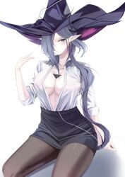 Rule 34 | 1girl, absurdres, arknights, blue eyes, breasts, character request, cleavage, collarbone, collared shirt, dkzksp, grey hair, hair over one eye, highres, large hat, long sleeves, open clothes, open shirt, pantyhose, pencil skirt, pointy ears, shirt, simple background, skirt, solo, white background, white shirt