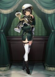 Rule 34 | 1girl, absurdres, beret, blunt bangs, boots, bow, bowtie, breasts, brooch, brown hair, capelet, dark skin, epaulettes, facial hair, garter straps, green eyes, hat, highres, jewelry, light brown hair, military uniform, monocle, multicolored hair, mustache, nagare sara, necktie, nokachoco114, official alternate costume, official alternate hairstyle, prism project, sash, second-party source, short hair, single garter strap, streaked hair, thigh strap, thighhighs, uniform, virtual youtuber