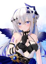 Rule 34 | 1girl, absurdres, amane kanata, amane kanata (another world), arm tattoo, bare shoulders, belt collar, black gloves, blue eyes, blue hair, blue halo, blue wings, blush, breasts, closed mouth, collar, commentary request, crossed bangs, double bun, feathered wings, gloves, grey hair, hair bun, halo, highres, hololive, index finger raised, long hair, looking at viewer, mini wings, multicolored hair, official alternate costume, rate mogyu, small breasts, smile, solo, star halo, streaked hair, tattoo, upper body, virtual youtuber, wings