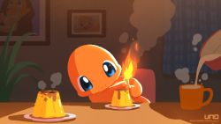 Rule 34 | artist name, blue eyes, chair, charmander, commentary request, creatures (company), cup, dessert, fire, fire, flame-tipped tail, food, food focus, game freak, gen 1 pokemon, highres, indoors, looking down, mug, mundane utility, nintendo, photo (object), plate, pokemon, pokemon (creature), pouring, steam, table, uno yuuji, watermark, web address