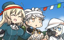 Rule 34 | 10s, 3girls, asymmetrical hair, atago (kancolle), beret, blue coat, blue eyes, bouncing breasts, breasts, cleavage cutout, clothing cutout, cloud print, coat, commentary request, crop top, dated, closed eyes, flat cap, flying sweatdrops, hair over one eye, hammer and sickle, hamu koutarou, hat, headband, hibiki (kancolle), highres, jitome, kantai collection, large breasts, military, military uniform, motion lines, multiple girls, open mouth, outdoors, recording, remodel (kantai collection), running, school uniform, serafuku, silver hair, sky, straight hair, uniform, unryuu (kancolle), upper body, verniy (kancolle)