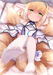 Rule 34 | 1girl, animal ears, arknights, blonde hair, blue hairband, braided hair rings, feet, feet up, foot focus, foreshortening, fox ears, fox tail, green eyes, hairband, hands on own knees, highres, infection monitor (arknights), looking at viewer, lying, multiple tails, no pupils, no shoes, on back, pantyhose, short hair, smile, solo, suzuran (arknights), tail, white pantyhose, white ph
