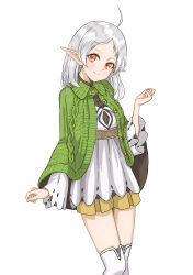 Rule 34 | 1girl, absurdres, ahoge, capelet, clenched hand, closed mouth, commentary request, dress, elf, green capelet, hand up, highres, looking at viewer, medium hair, mushoku tensei, pointy ears, red eyes, simple background, smile, solo, standing, syagare, sylphiette (mushoku tensei), thighhighs, white background, white dress, white thighhighs