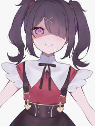 Rule 34 | 1girl, 7se (7x2 se), ame-chan (needy girl overdose), black hair, black ribbon, black skirt, closed mouth, collar, collared shirt, hair ornament, hair over one eye, hair tie, hairclip, highres, looking at viewer, medium hair, neck ribbon, needy girl overdose, purple eyes, red shirt, ribbon, shaded face, shirt, shirt tucked in, simple background, skirt, smile, solo, suspender skirt, suspenders, twintails, white background, white collar, x hair ornament