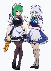 2girls alternate_costume apron aqua_bow asymmetrical_hair black_dress black_eyes black_footwear blue_dress blue_eyes bow braid breasts dress frilled_apron frilled_dress frills green_hair grey_hair hair_between_eyes high_heels highres iganashi1 izayoi_sakuya looking_at_another looking_down maid maid_apron maid_headdress medium_breasts medium_hair multicolored_bow multiple_girls nervous open_mouth pantyhose red_bow rod_of_remorse shiki_eiki short_hair simple_background smile standing sweatdrop touhou twin_braids waist_apron waist_bow white_apron white_background white_bow